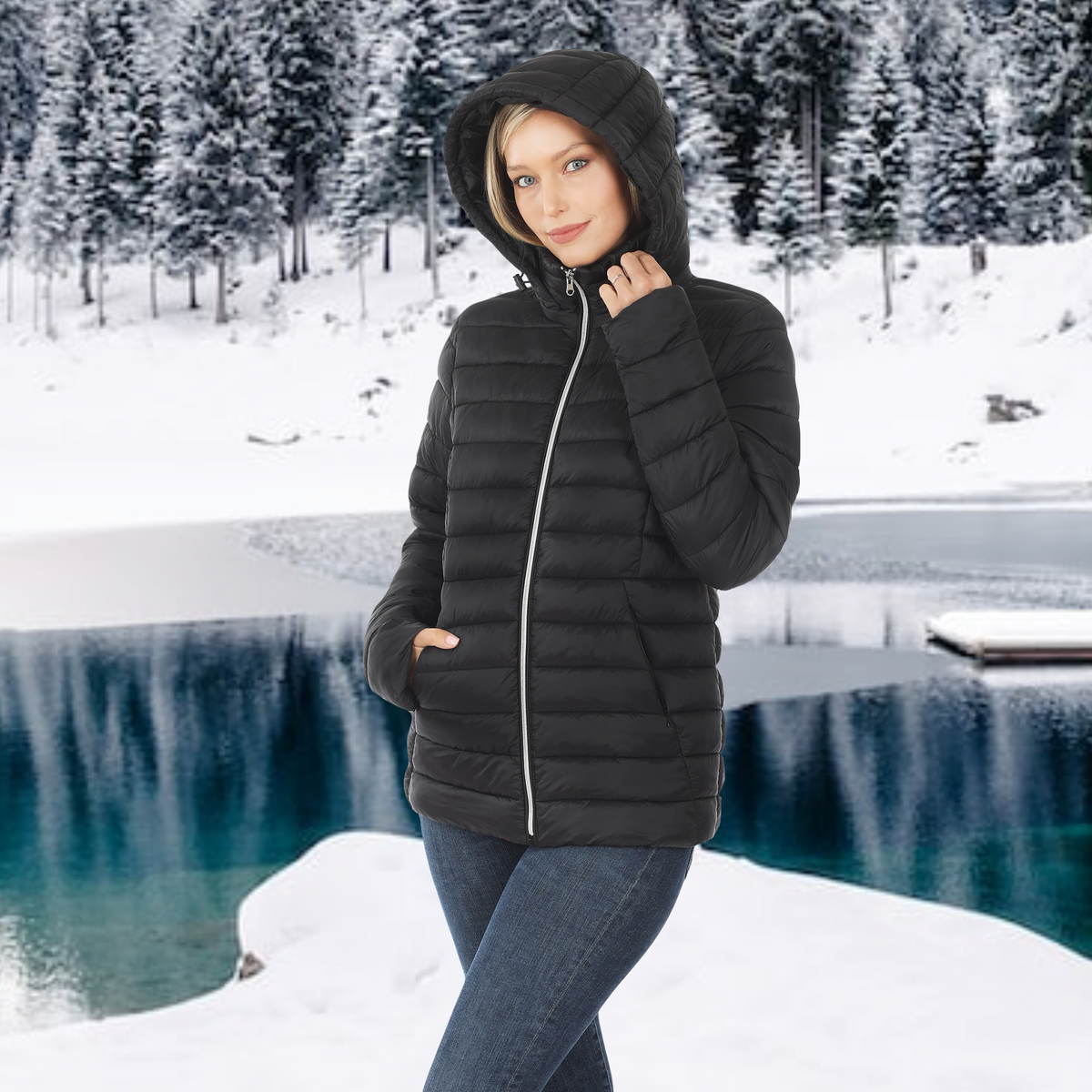 Black Puffer Jacket with Pockets Removable Hood