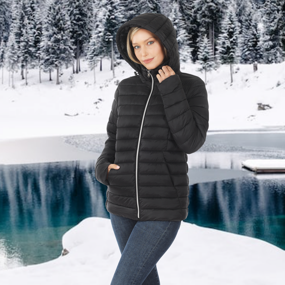 Womens Juniors Black Puffer Jacket with Removable Hood and Pockets