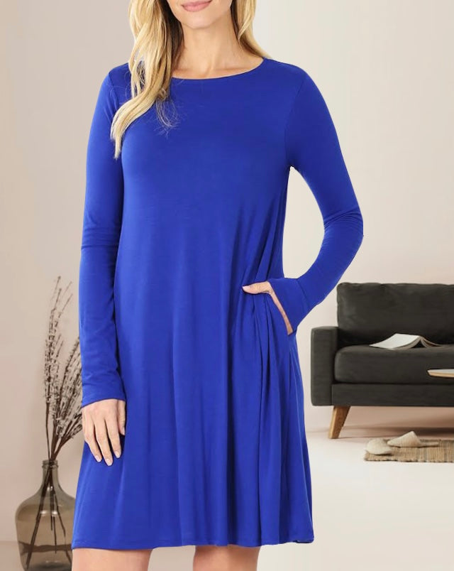 Lety Long Sleeve A-Line Womens Dress with Pockets and Rounded Scoop Neckline and Straight Hem in  Denim Blue Cobalt