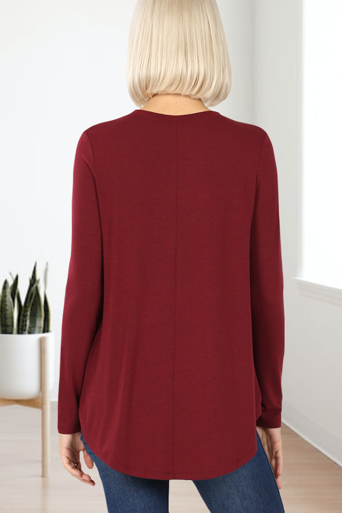 Sue Long Sleeve Scoop Neck Relaxed Fit  Top with rounded hemline and comfort stretch in Solid Dark Burgundy Wine - backview