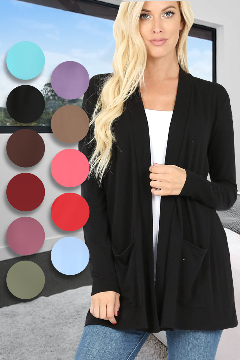 Carmine Women's & Junior's Long Sleeve Cardigan with Pockets in a variety of color options available in sizes Small-3XL Regular and Plus Sizing