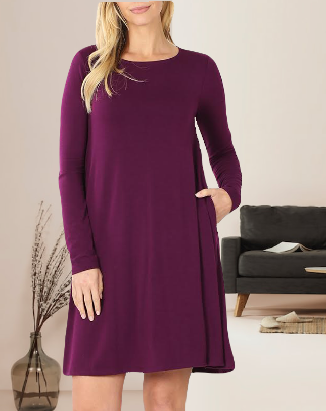 Lety Long Sleeve A-Line Womens Dress with Pockets and Rounded Scoop Neckline and Straight Hem in  Dark Plum Purple