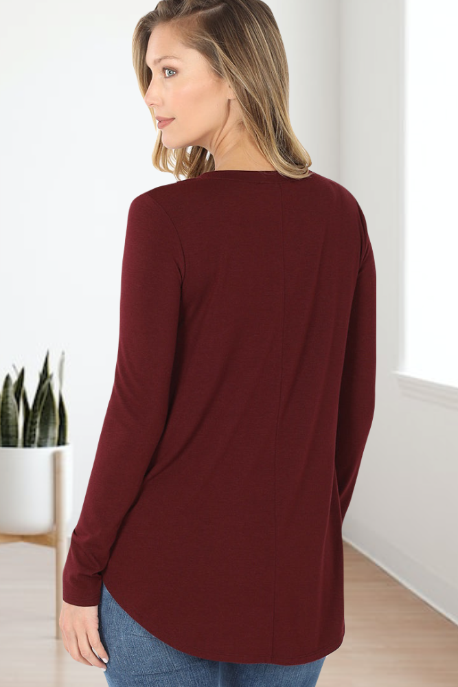 Lynn Relaxed fit long sleeve womens top with a scooped hemline and v-neck available in 9 colors