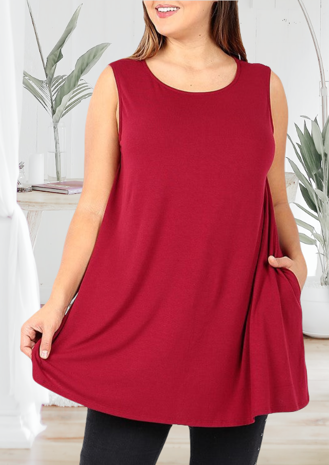 Solid Color Everyday Basic Essentials in Womens Apparel: Cindy Boat Neck Flared Tank Top Tunic with Pockets