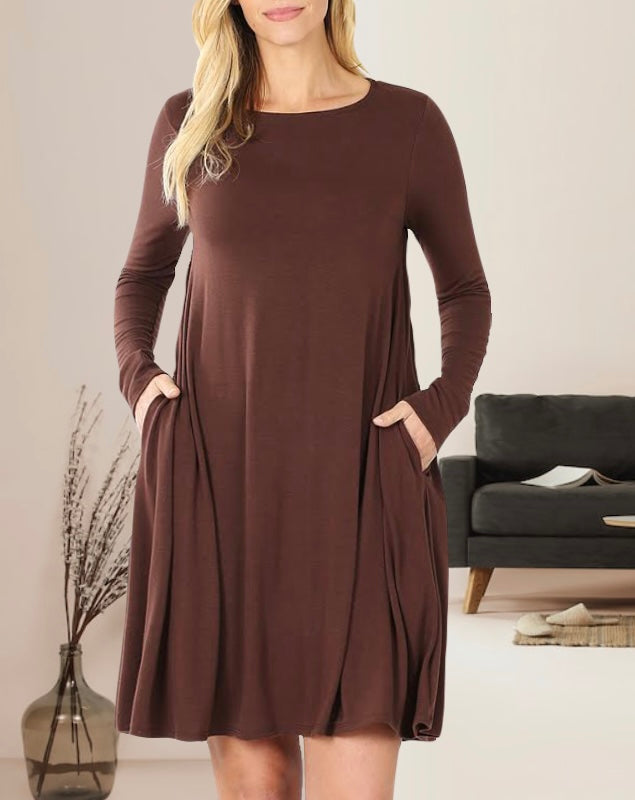 Lety Long Sleeve A-Line Womens Dress with Pockets and Rounded Scoop Neckline and Straight Hem in Americano Brown