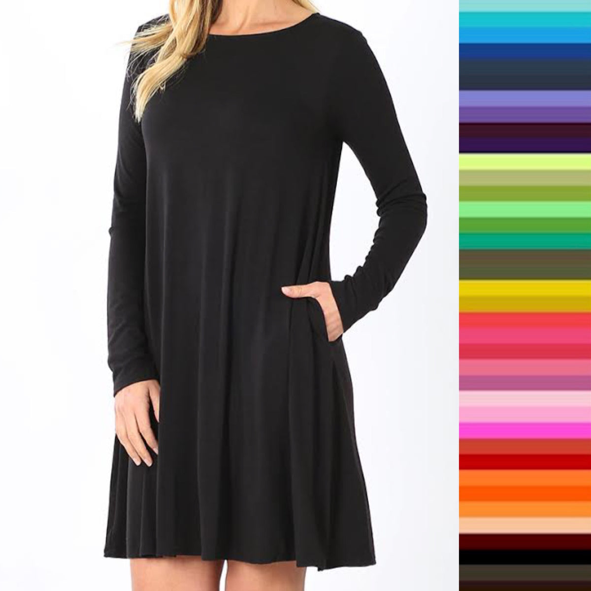 Lety Long Sleeve A-Line Womens Dress with Pockets and Rounded Scoop Neckline and Straight Hem available in 10 colors