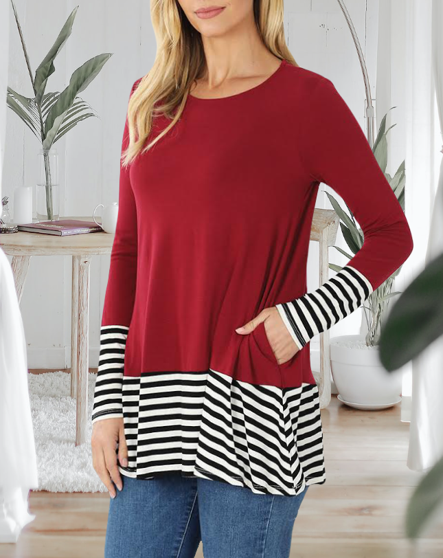 Womens Long Sleeve Tunic Top with Pockets and Black & White Hemline Stripes in Cabernet Burgundy Red