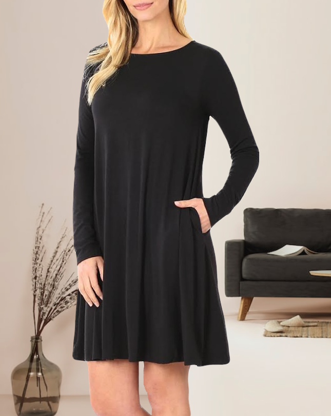 Lety Long Sleeve A-Line Womens Dress with Pockets and Rounded Scoop Neckline and Straight Hem in  Black