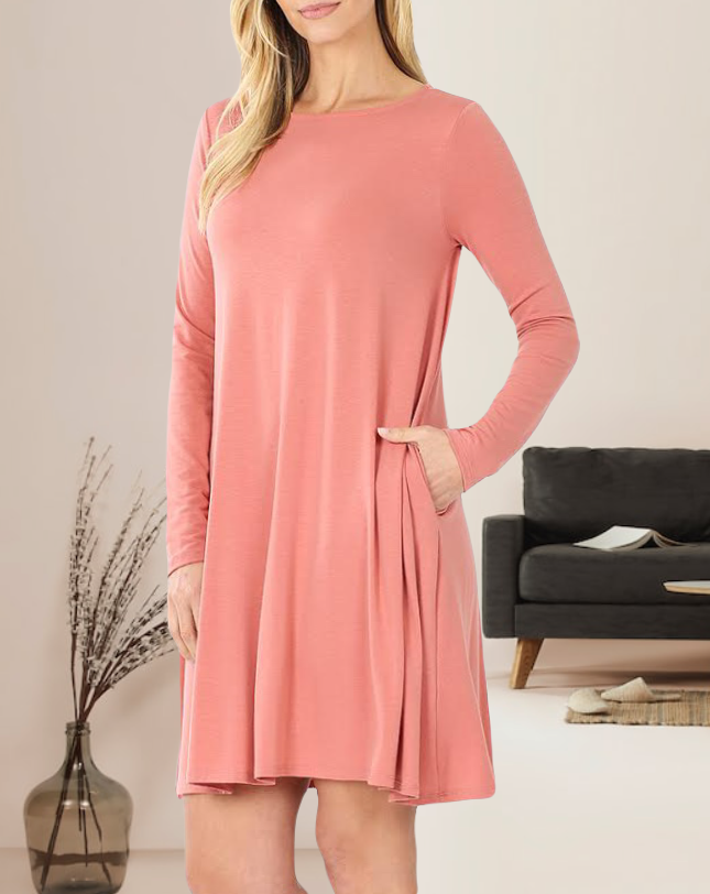 Lety Long Sleeve A-Line Womens Dress with Pockets and Rounded Scoop Neckline and Straight Hem in  Ash Rose Pink