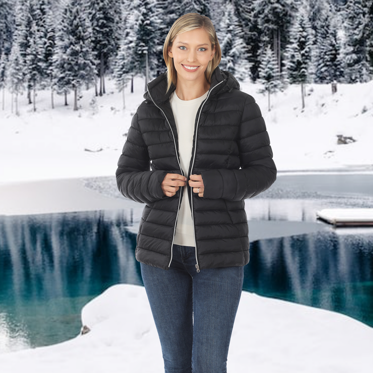 Womens Juniors Black Puffer Jacket with Removable Hood and Pockets
