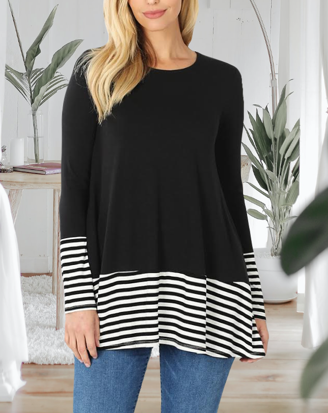 Womens Long Sleeve Tunic Top with Pockets and Black & White Hemline Stripes in Black
