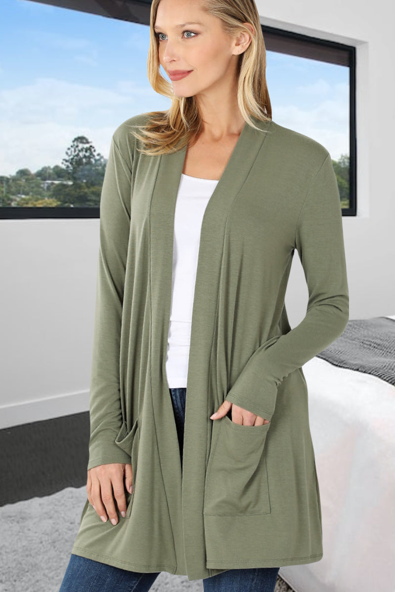 Light Olive Green Carmine Women's & Junior's Long Sleeve Cardigan with Pockets in sizes Small-3XL Regular and Plus Sizing