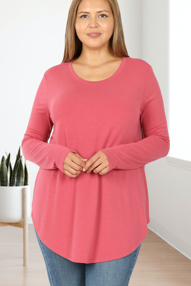 Sue Long Sleeve Scoop Neck Relaxed Fit  Top with rounded hemline and comfort stretch in Solid Rose Pink