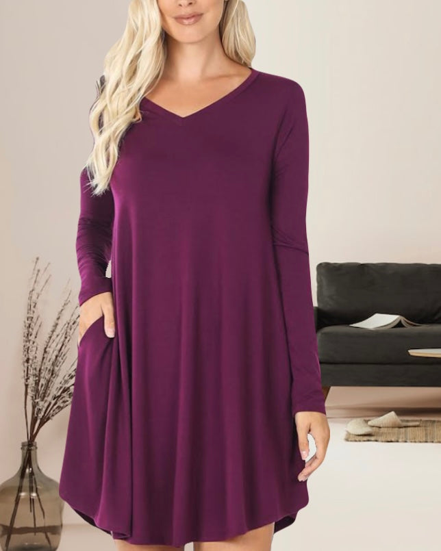 Linda Long Sleeve Womens Dress with Pockets v-neck rounded hemline in Dark Plum Purple