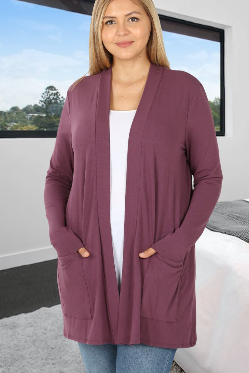 Eggplant Purple Carmine Women's & Junior's Long Sleeve Cardigan with Pockets in sizes Small-3XL Regular and Plus Sizing