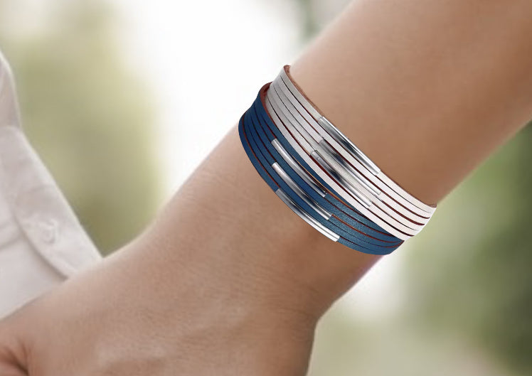 Genuine Leather bracelet with a chic bar column accent and quick release magnetic clasp closure | Available in 2 colors: Black or Blue | Length: 7.5" magnetic closure