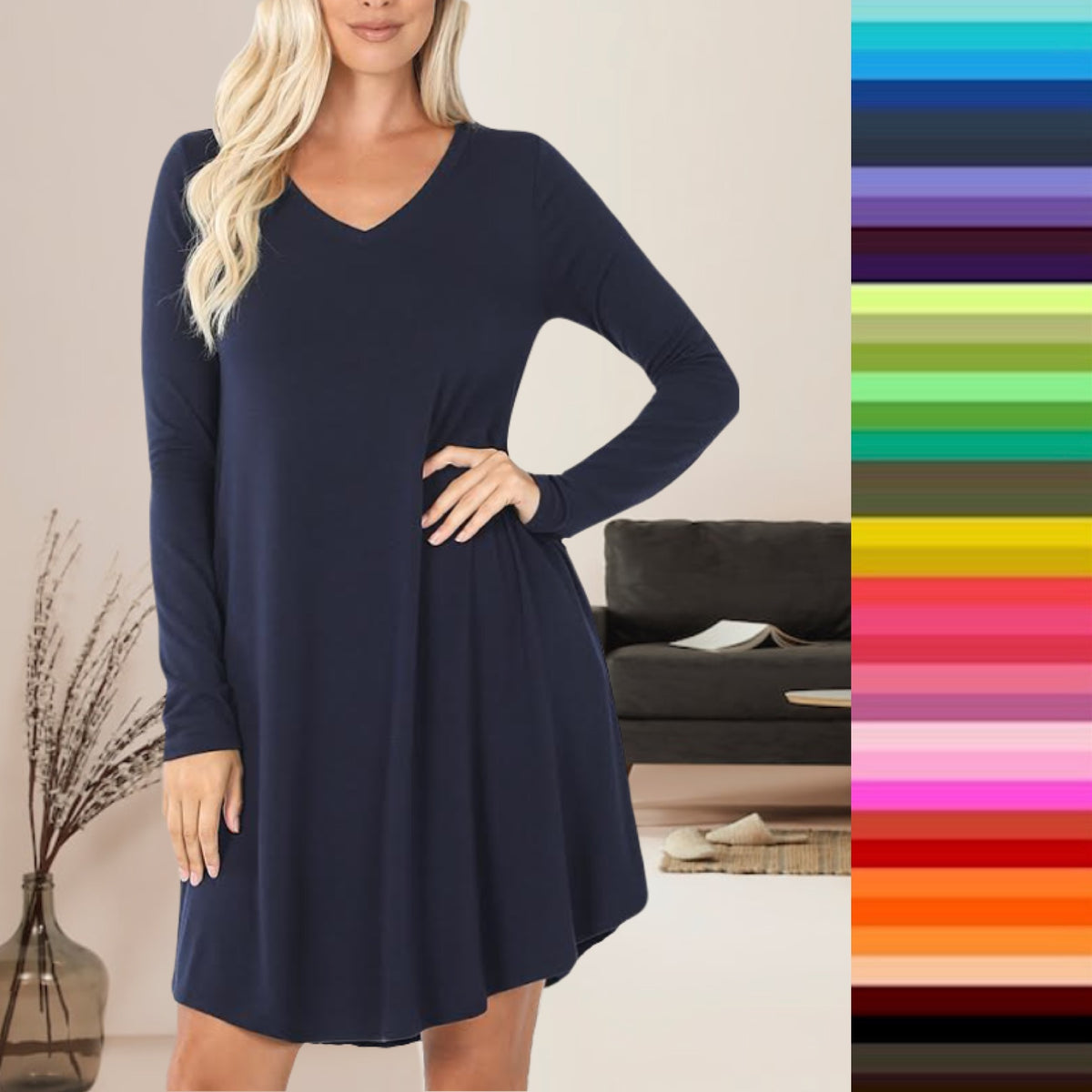 Linda Long Sleeve Womens Dress with Pockets v-neck rounded hemline available in 9 colors
