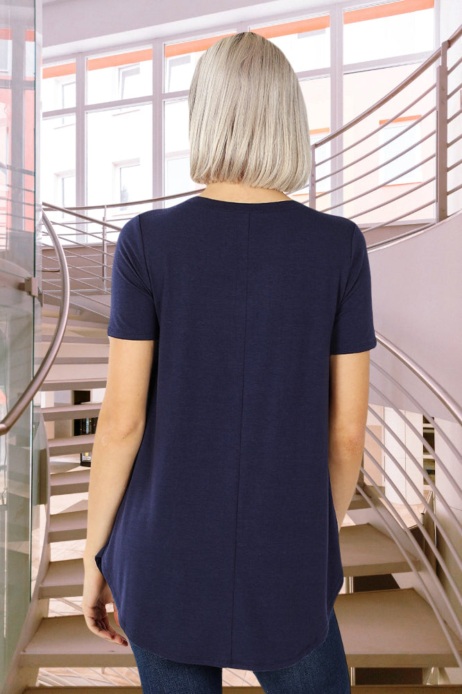 Back View - Short Sleeve V-Neck Rounded Curved Hem Stretchy Womens Shirt Top in several colors including: Black, Navy Blue, Candy Pink, Dark Olive Green, Dusty Lavender Purple, Hot Pink Fuschia, Light Brown, and Teal Blue | All Sizes | Small-3XL | Regular & Plus Sizes 