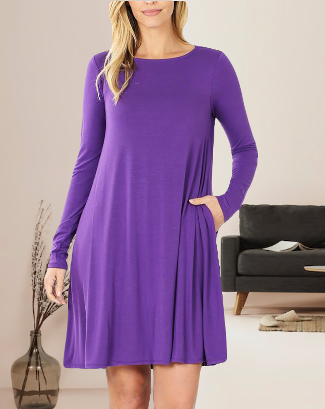 Lety Long Sleeve A-Line Womens Dress with Pockets and Rounded Scoop Neckline and Straight Hem in Purple