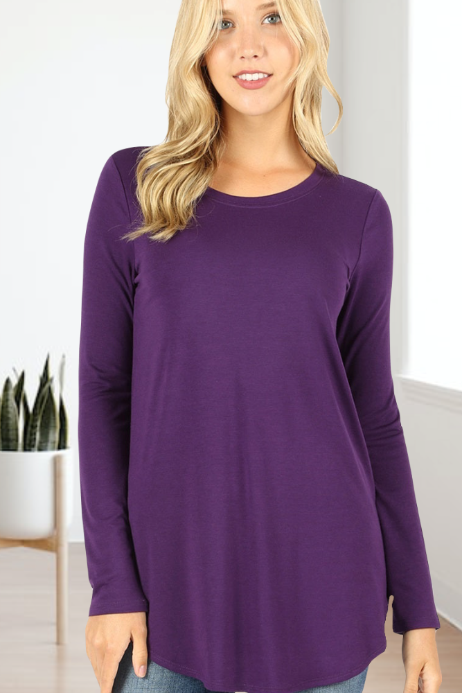 Sue Long Sleeve Scoop Neck Relaxed Fit  Top with rounded hemline and comfort stretch in Solid Dark Purple