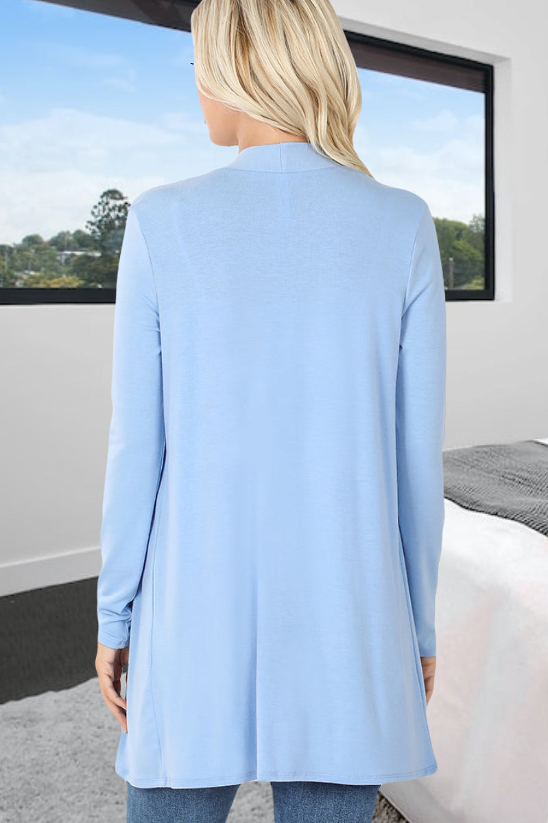Light Blue / Spring Blue | backside view | Carmine Women's & Junior's Long Sleeve Cardigan with Pockets in sizes Small-3XL Regular and Plus Sizing