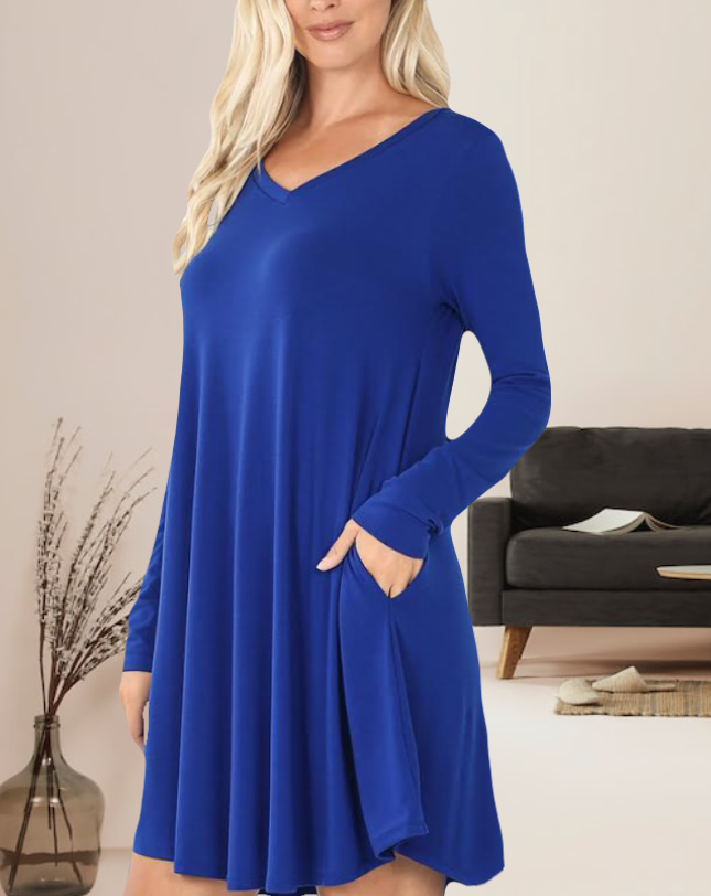 Linda Long Sleeve Womens Dress with Pockets v-neck rounded hemline in Denim Blue