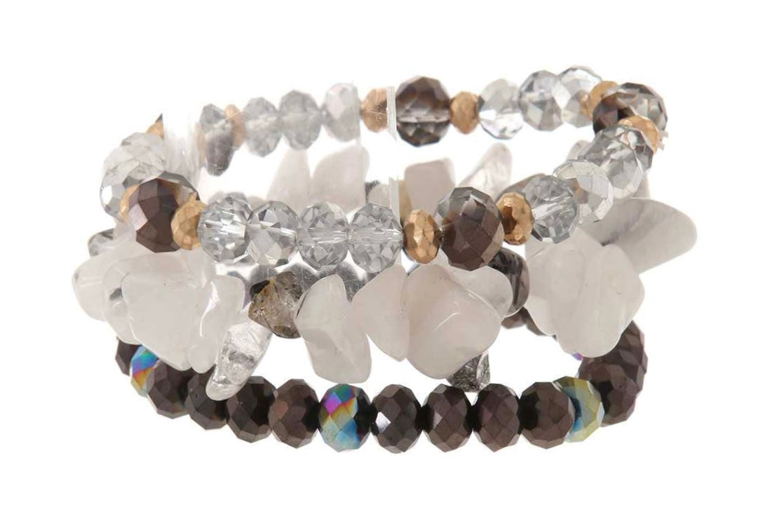 Natural Stone & Crystal Trio Bracelet Stack |2 colors|