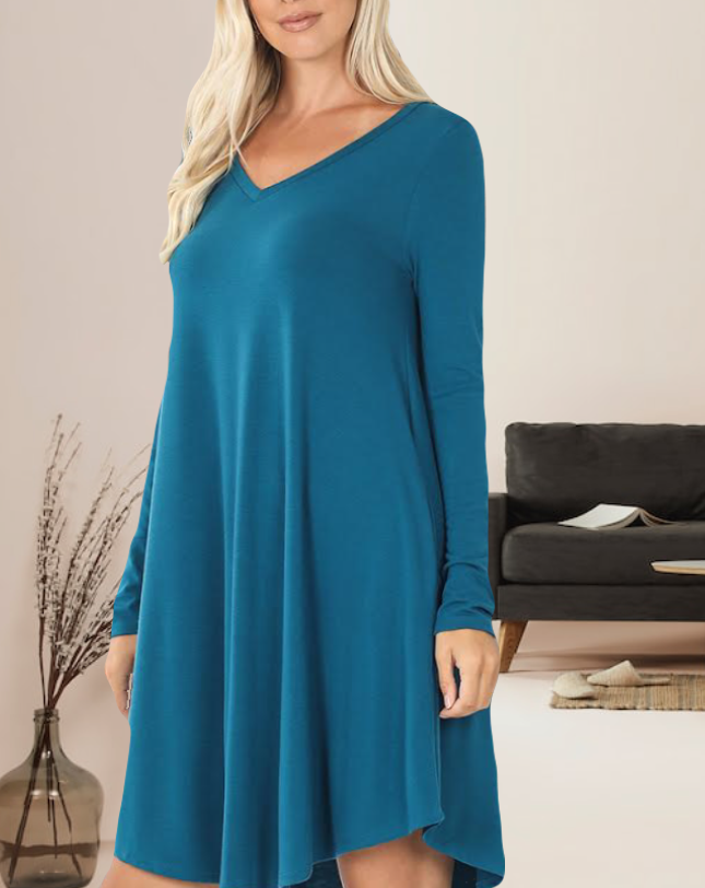 Linda Long Sleeve Womens Dress with Pockets v-neck rounded hemline in Teal Blue