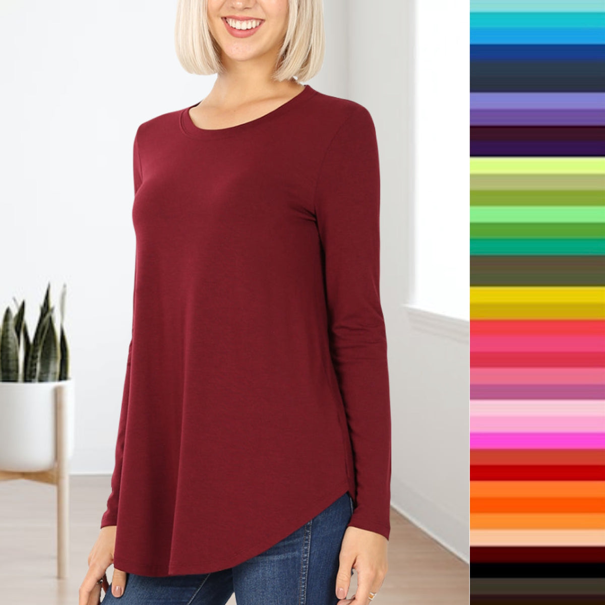 Sue Long Sleeve Scoop Neck Relaxed Fit  Top with rounded hemline and comfort stretch available in 7 colors