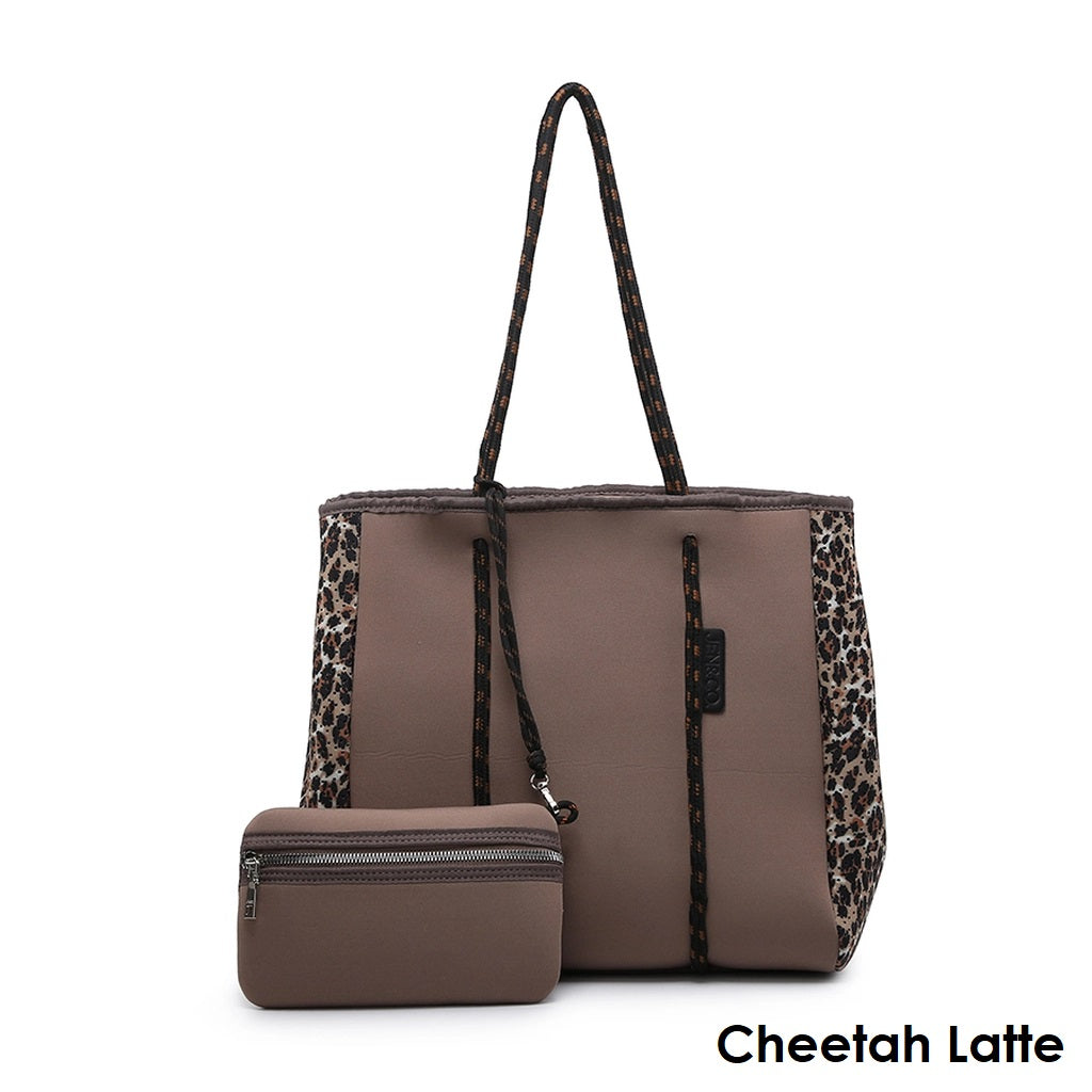 Cheetah Latte Coffee Brown Color Leopard Print Neoprene Handbag Purse Wallet Pouch Tote Bag Set | Meribella Neoprene Tote Bag Set | Natching Wallet Pouch | Side snaps | extra storage space | Inside removable pouch | Inside slip and zip pockets | Fully washable | Dimensions: 18"L x 5"W x 13.5"H | Beach Bag | Day Trip Bag | Neoprene | Washable | Stretchy | Paisley | Brown | Coffee | Latte | 