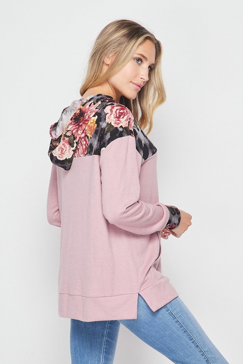 Leopard Floral Hooded Longsleeve Top with Pockets